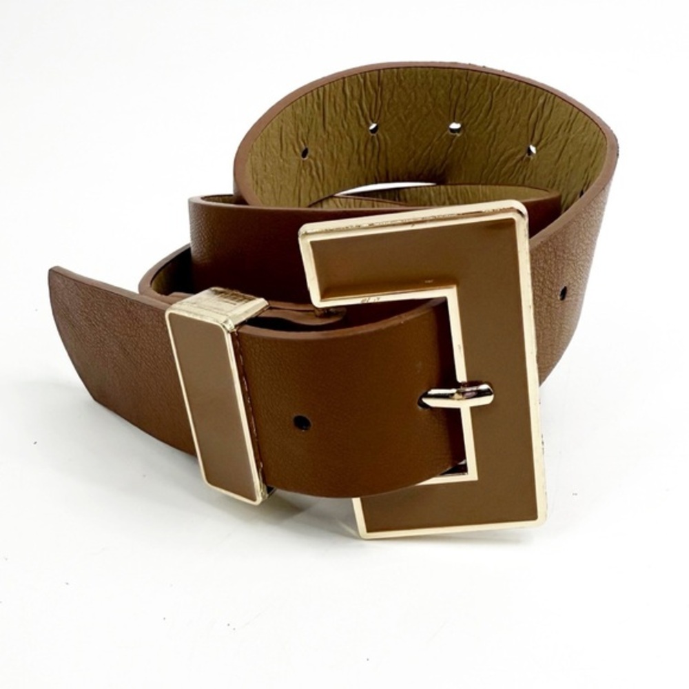 Vegan Leather Square Gold Tone Enamel Style Buckle Belt